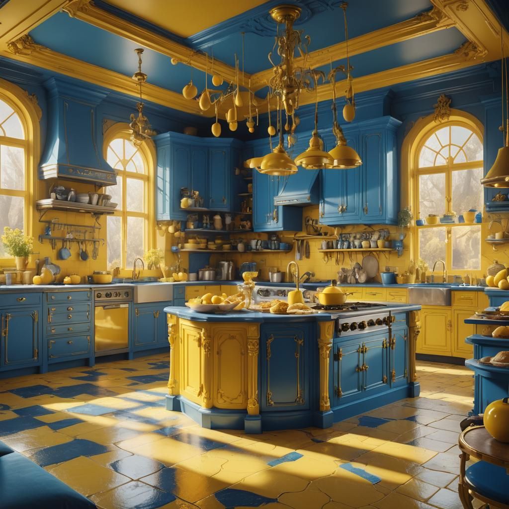 Fantastical Yellow Kitchen with Blue Furniture