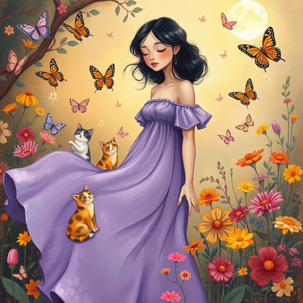 Whimsical Woman in Purple Gown with Cats and Flowers