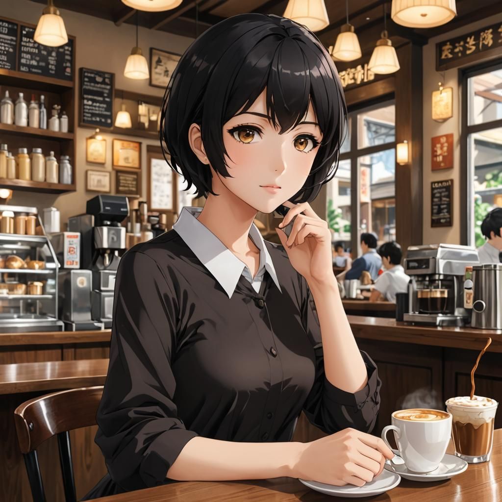 Anime Woman in Coffee Shop, Manga Style