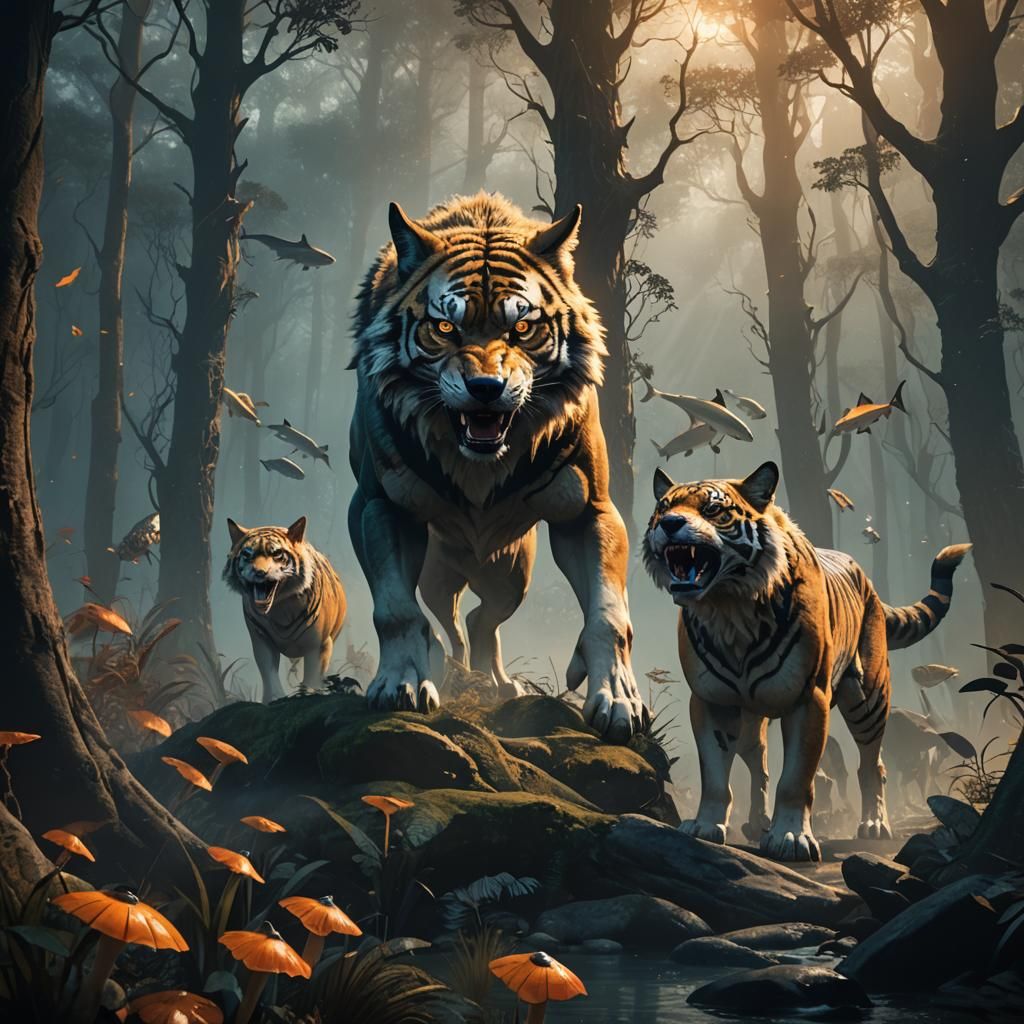 Wolf Pack and Tiger Shark in Mystical Forest