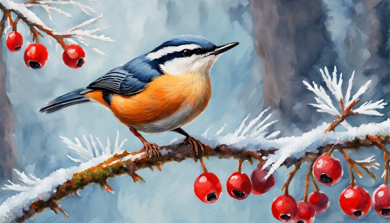 Gouache Masterpiece: Nuthatch Amidst Frosty Berries on a Mos...
