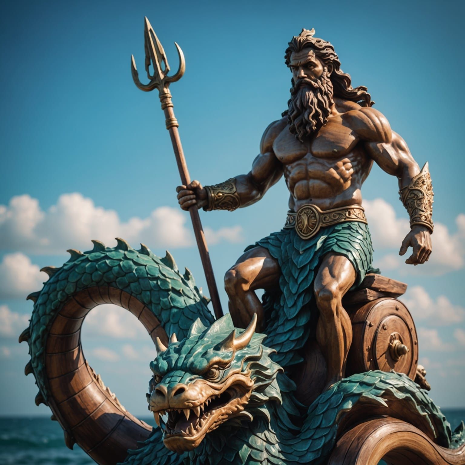Wooden Statue of Poseidon Riding a Sea Monster