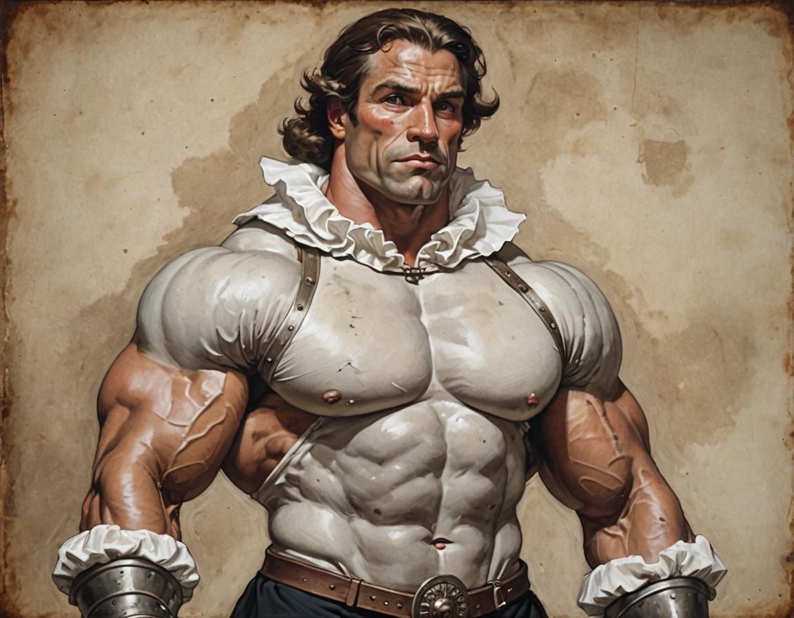 Muscular Bodybuilder in Ruff Collar Weightlifting