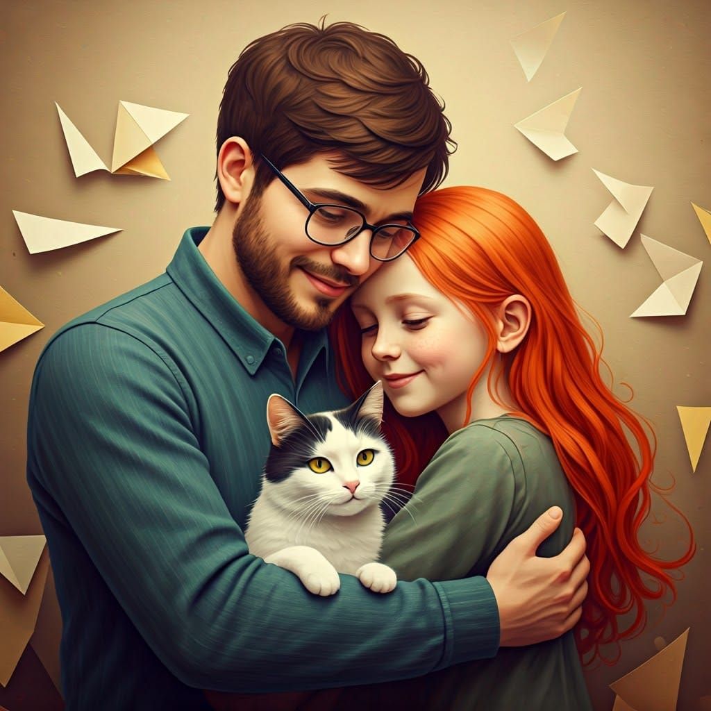 Happy Couple with Cat in Dreamy Papercraft Style