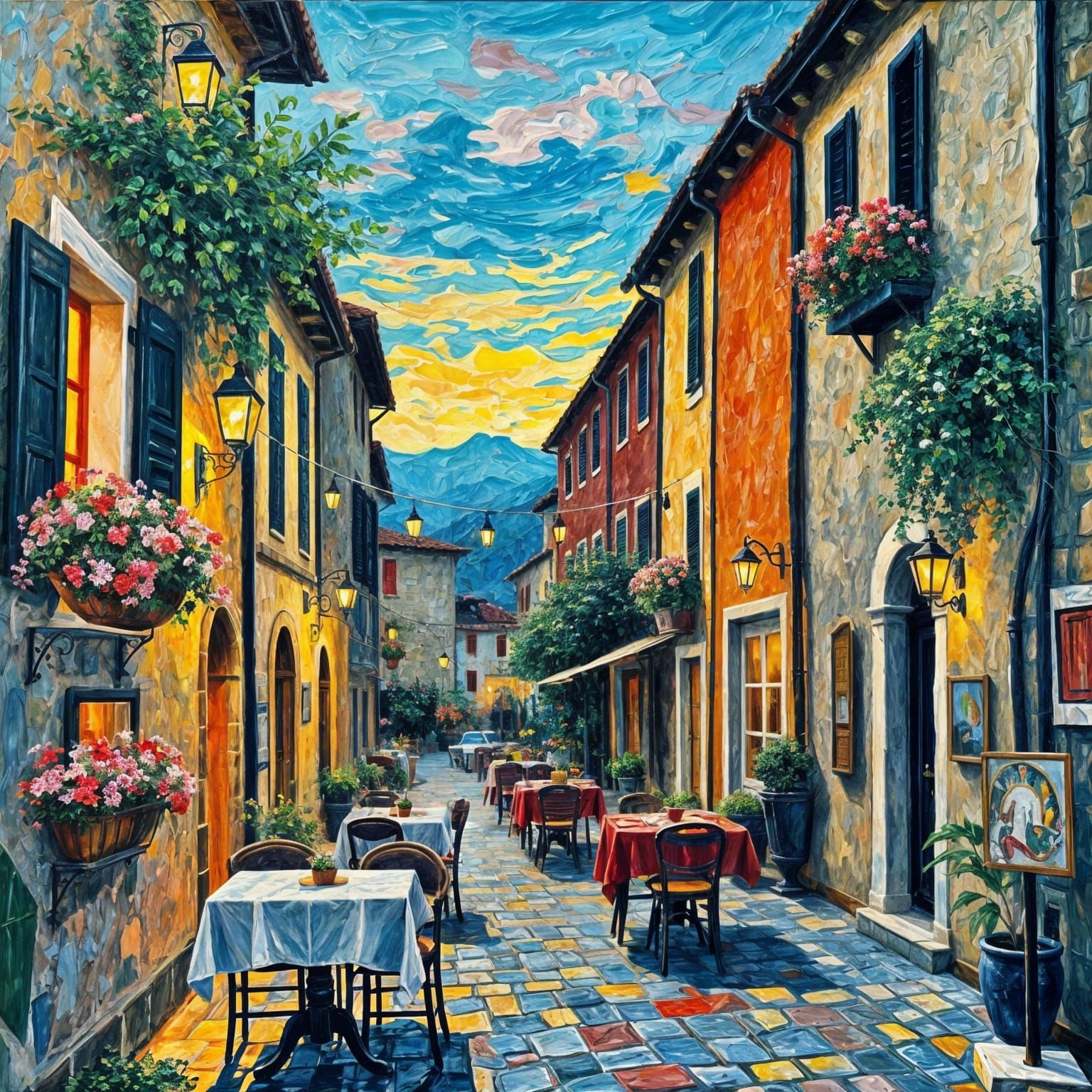 Italian Village at Night in Expressionist Style