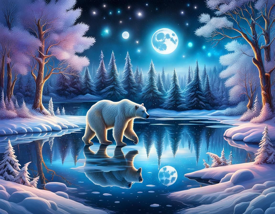 Polar Bear Ice Skating in Enchanted Winter Forest