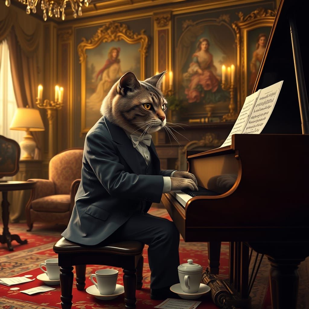Surreal Feline Virtuoso Performs in Lavish Living Room