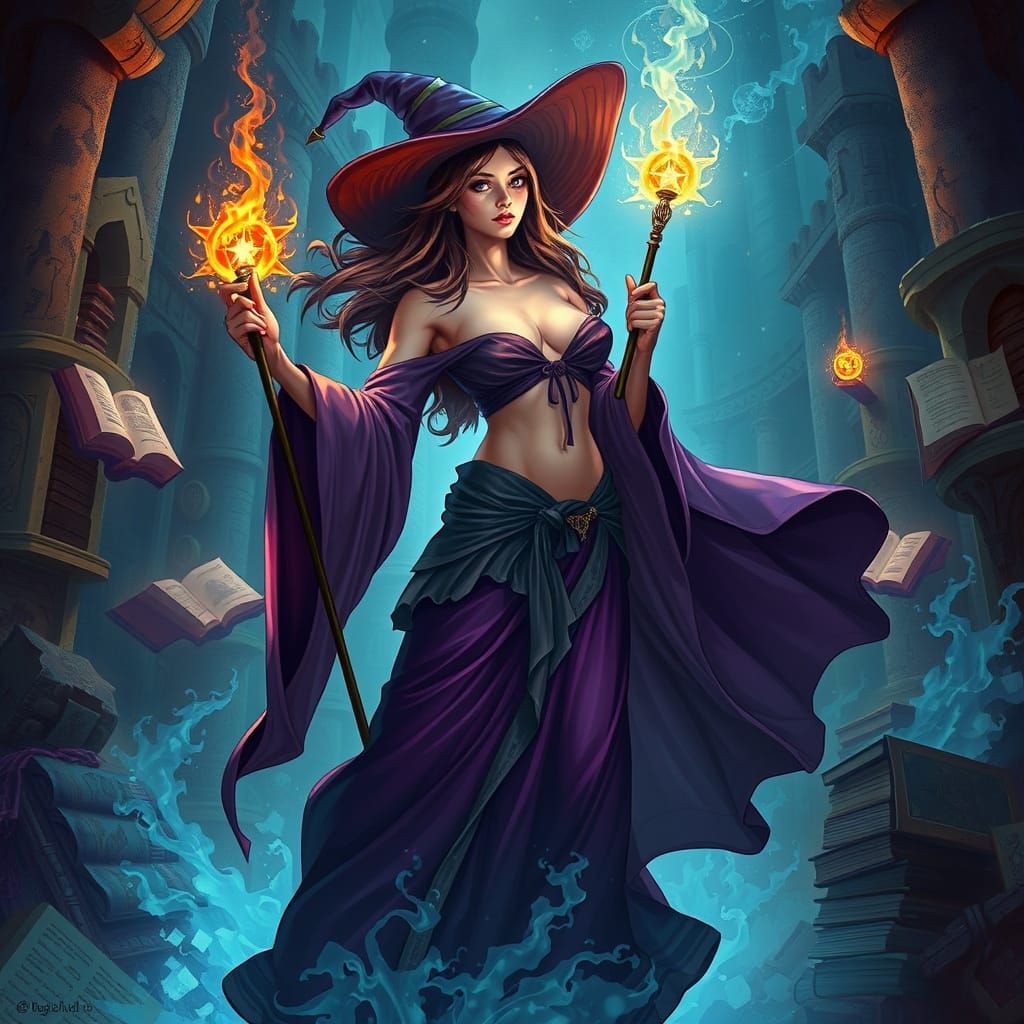 Enchanted Witch in Tower, Digital Painting Style