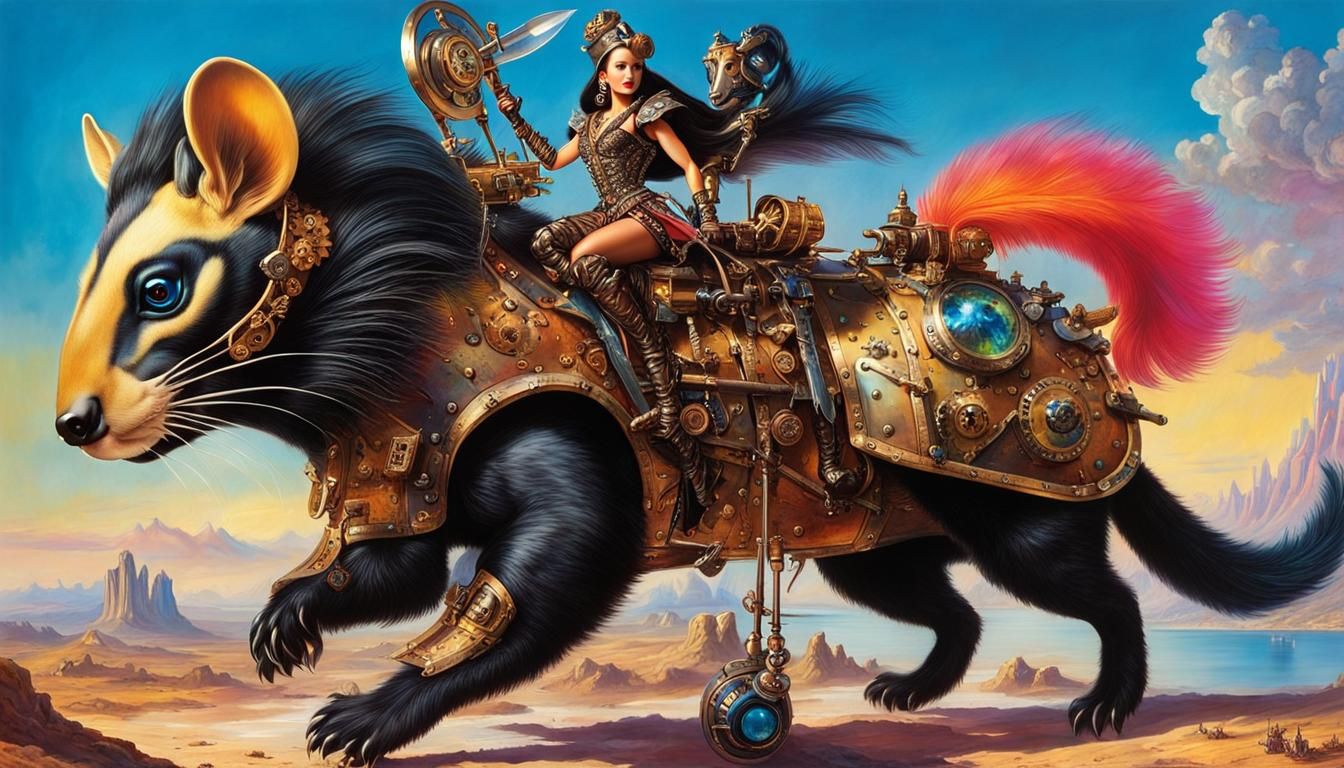 Barbarian Barbie Rides Steampunk Skunk in Dali Style