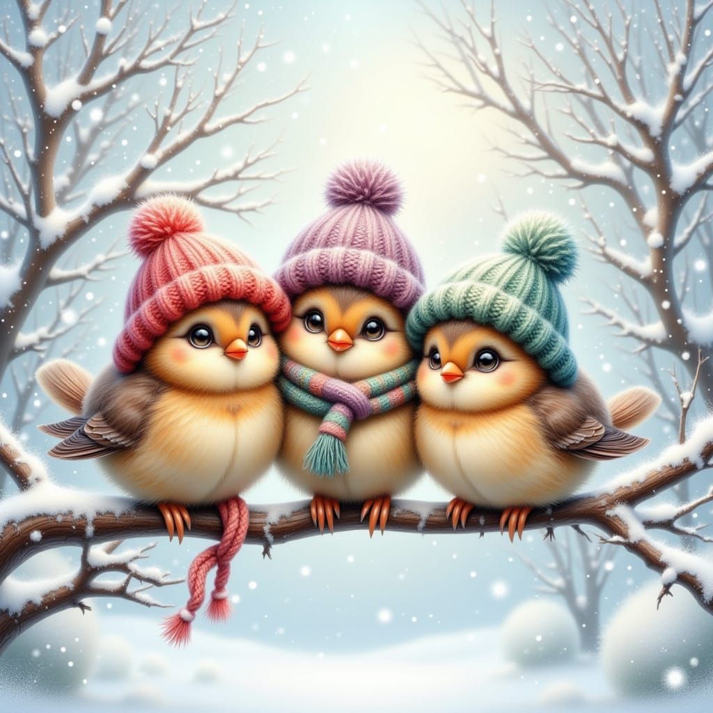 Three Adorable Cartoon Birds in Winter Hats