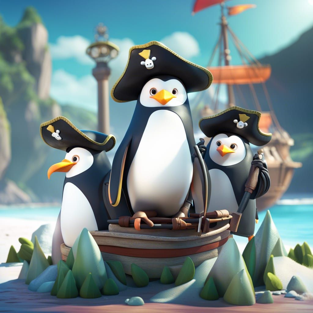 Penguin Pirates in Pixar Style 3D Rendering