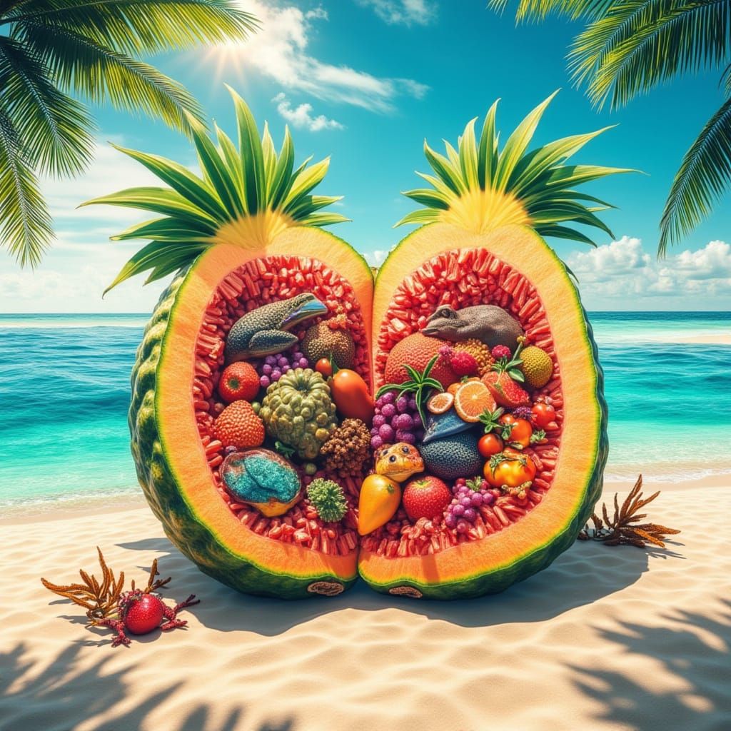 Tropical Fruit Desert Island Filled with Animals