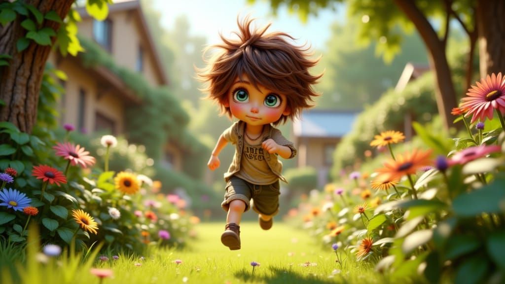 Energetic Boy Running in Lush Yard: 3D Pixar Style