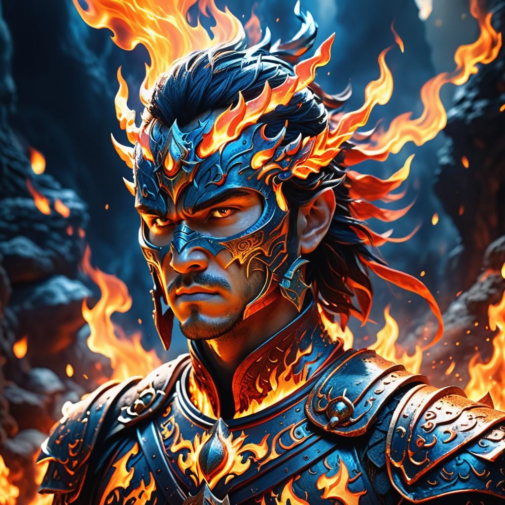 Warrior of Flames Surrounded by Fire Elementals