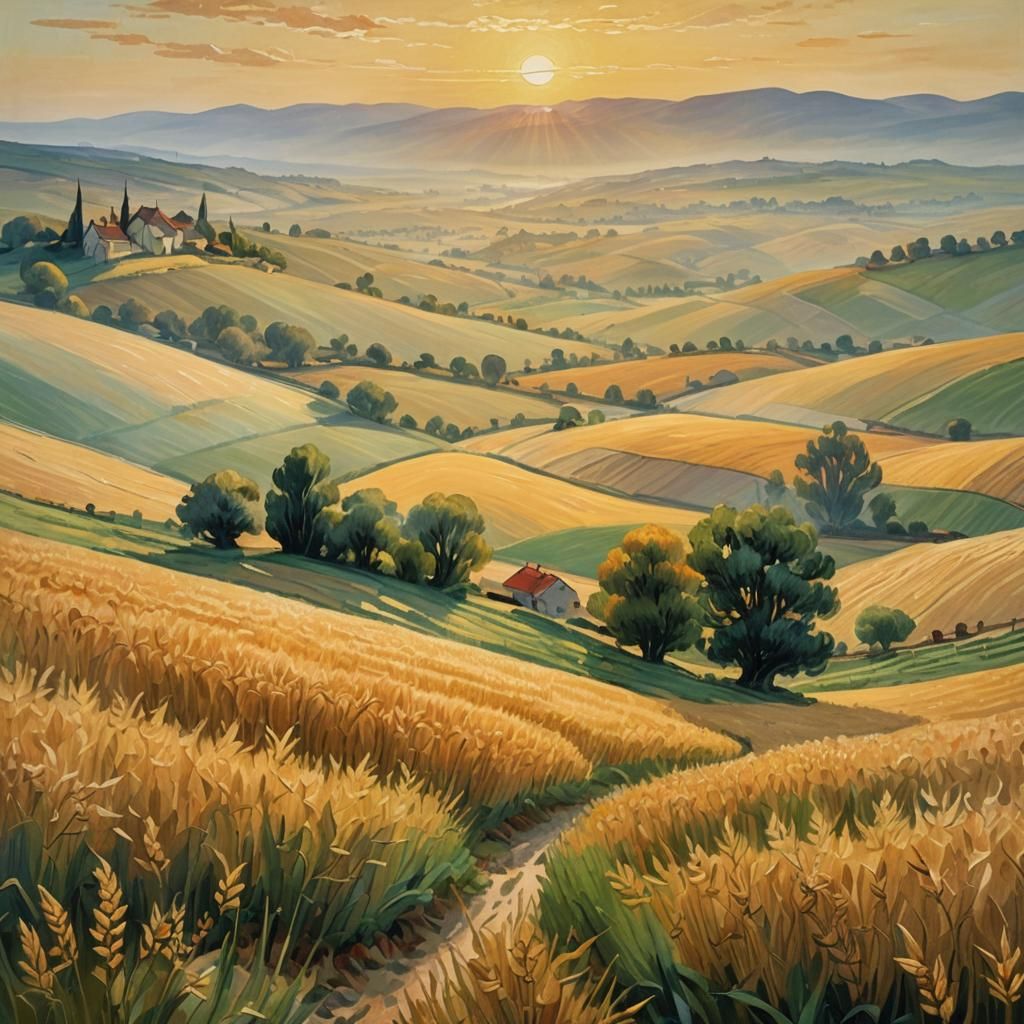 Golden Sunrise Over Farmland: An Impressionist Oil Painting