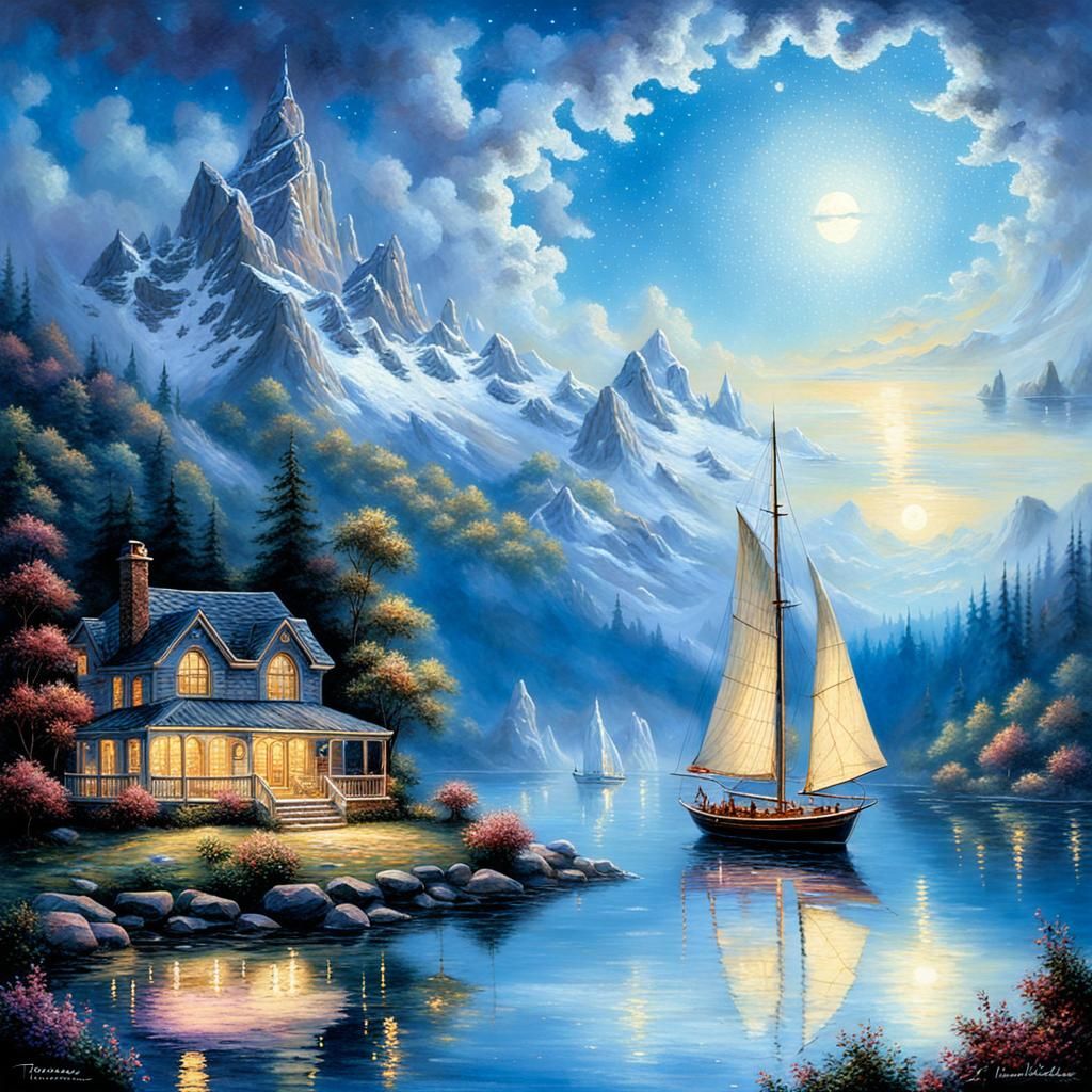 Sailboat on Starry Lake in Ethereal Style