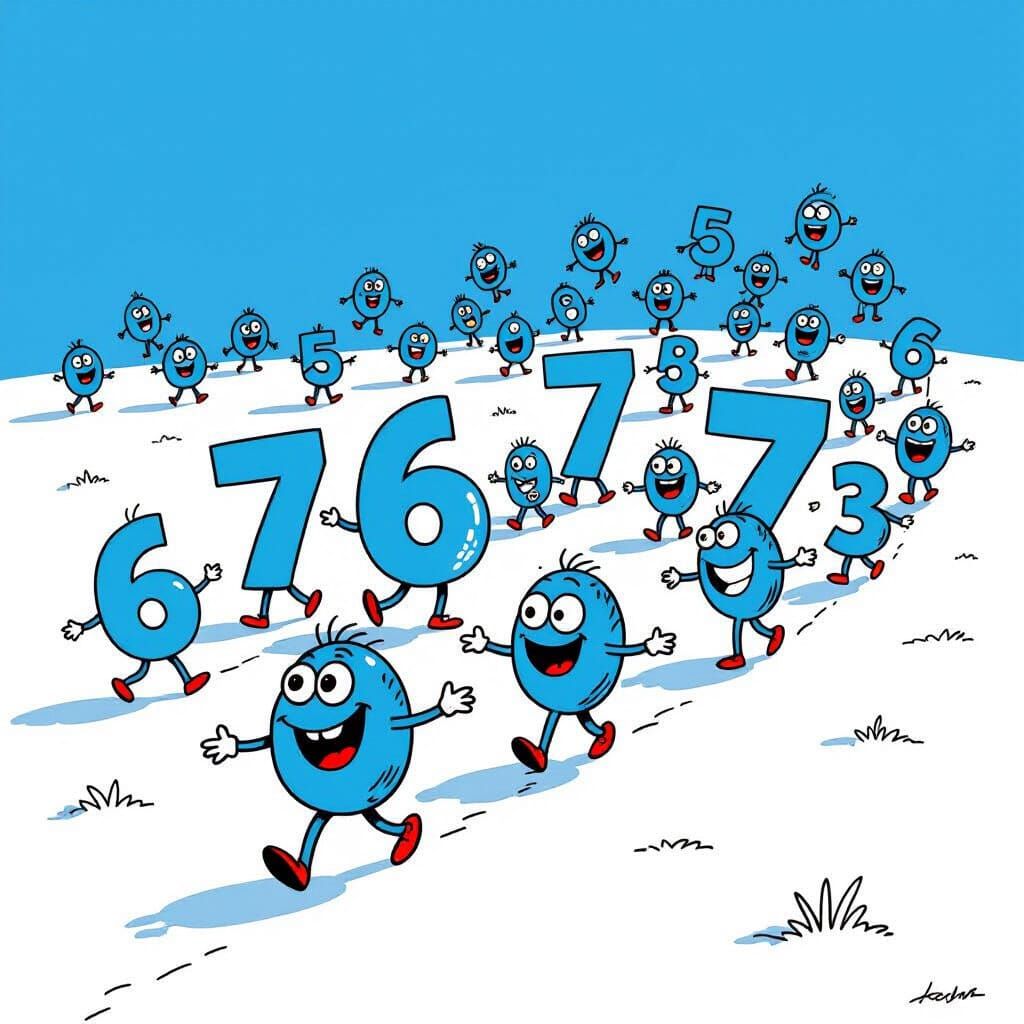 Sixty-Seven Blue Numbers With Eyes and Arms Walking