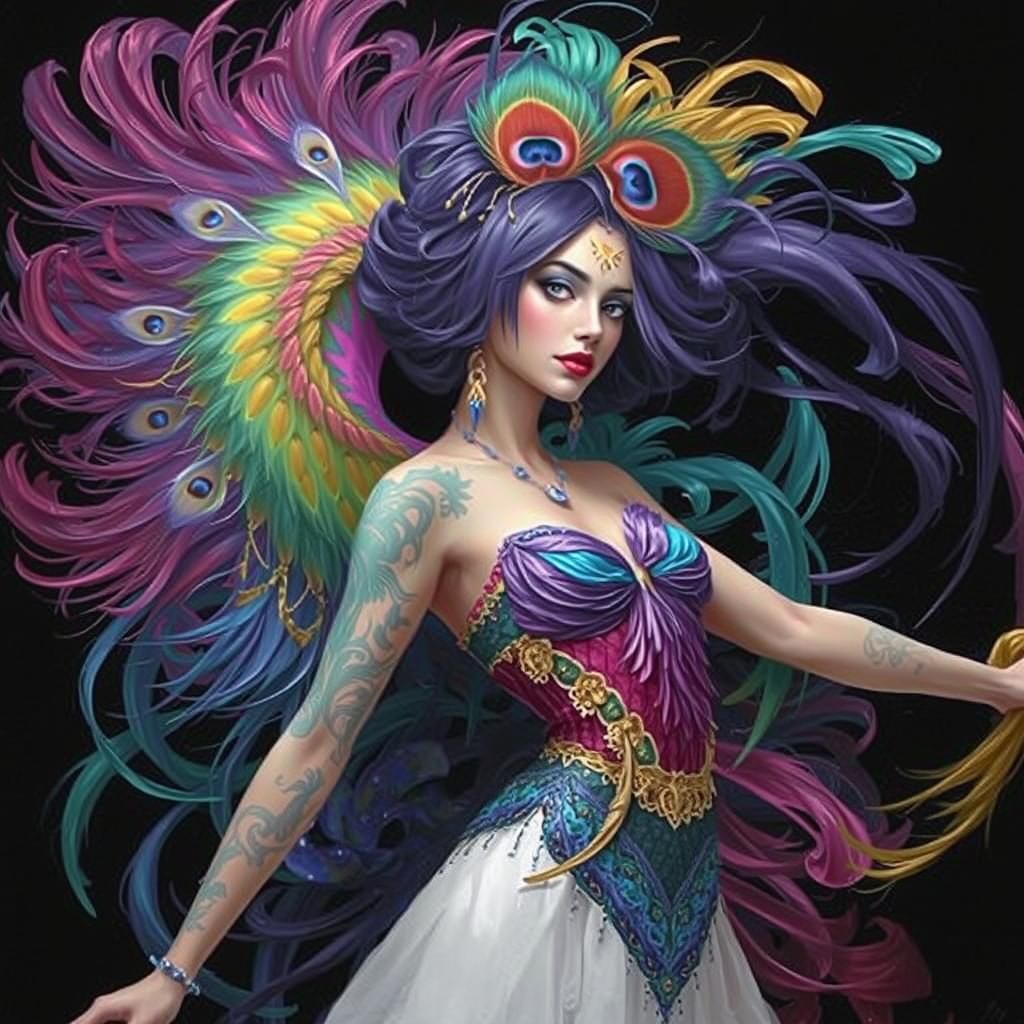Iridescent Woman with Peacock Feathers, Hyperrealistic Conce...