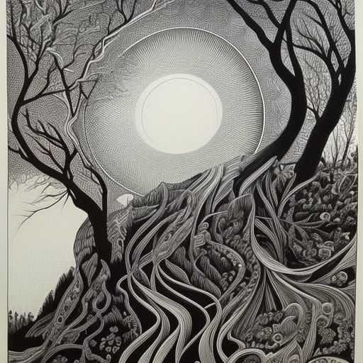 Old Mage Walking in Forest: Black Ink Drawing