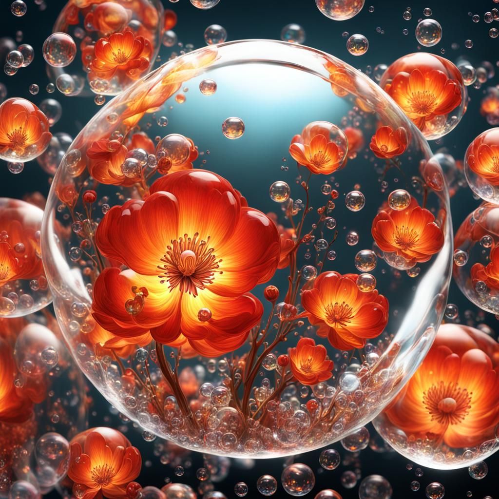 Hyperrealistic Fire Blossom in Glass Bubbles