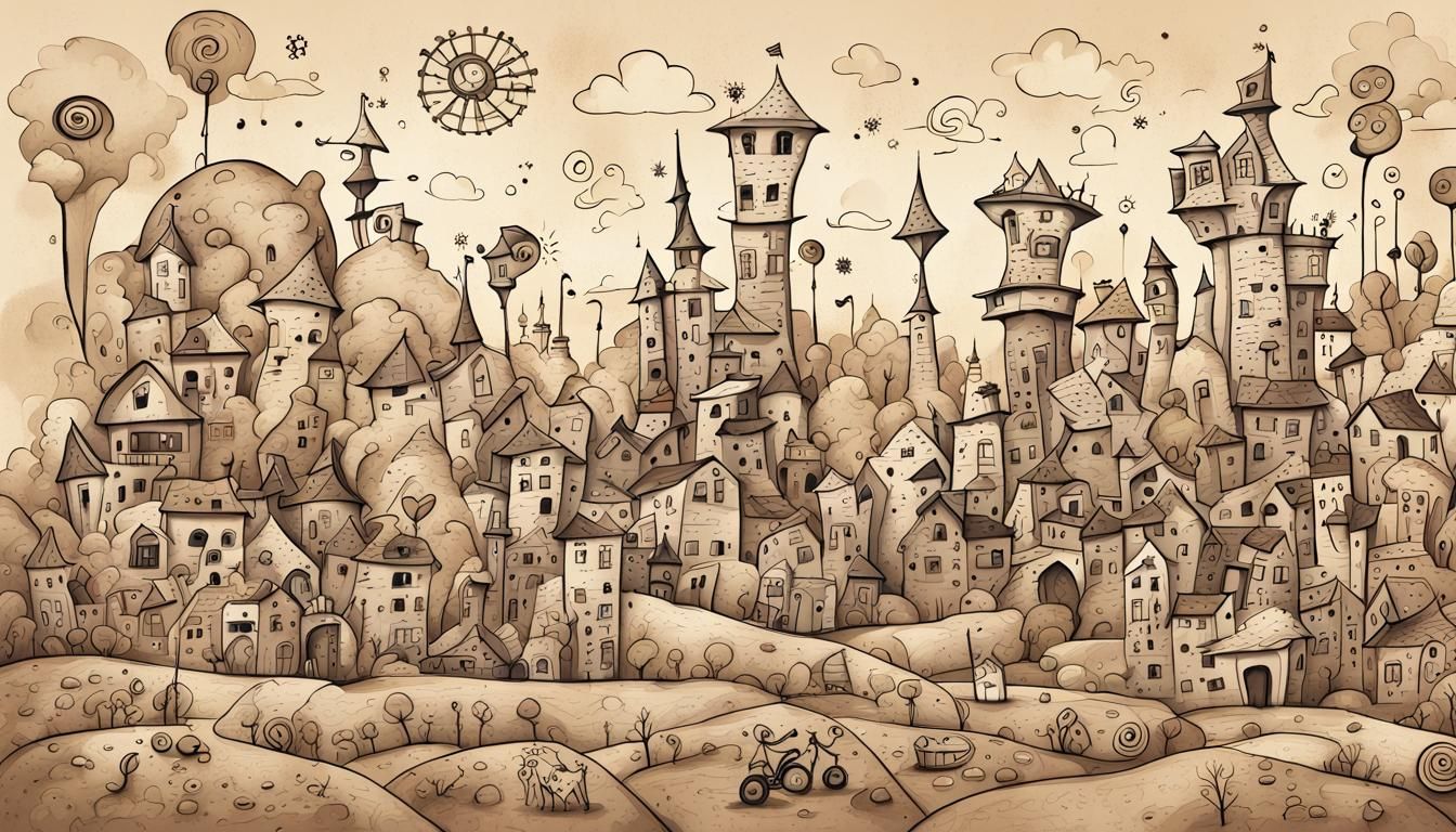 Doodle Landscape with Steampunk Elements on Vintage Paper