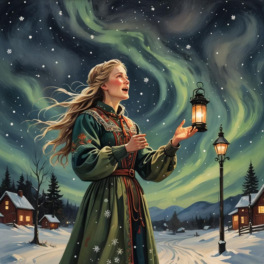 Nordic Woman Singing Under Starry Sky as Folk Art