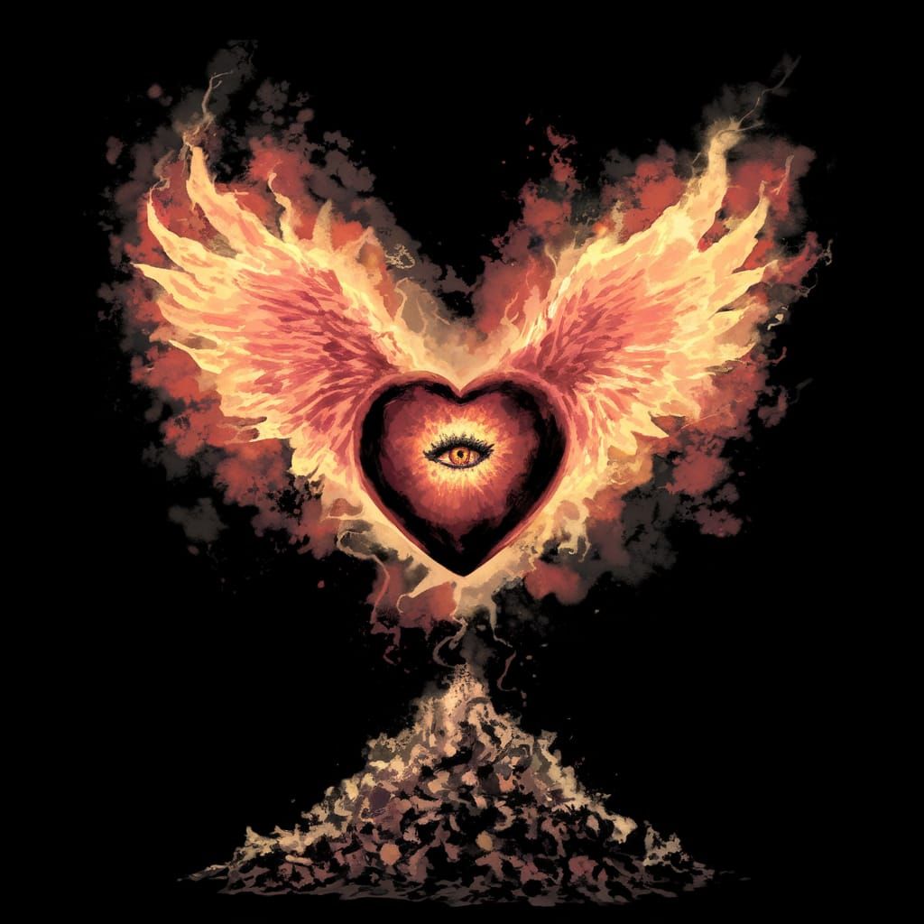 Ethereal Heart soars with Fiery Phoenix Wings, Glowing Iris,...
