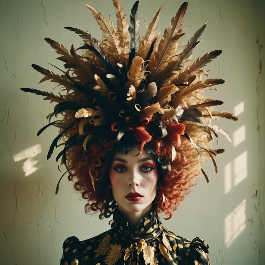 Lady in Woodpecker Wig: Surreal Cinematic Portrait