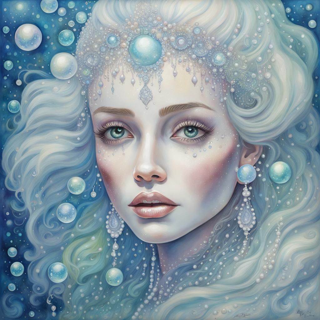 Iridescent Mermaid in Monochromatic Watercolor with Bubbles