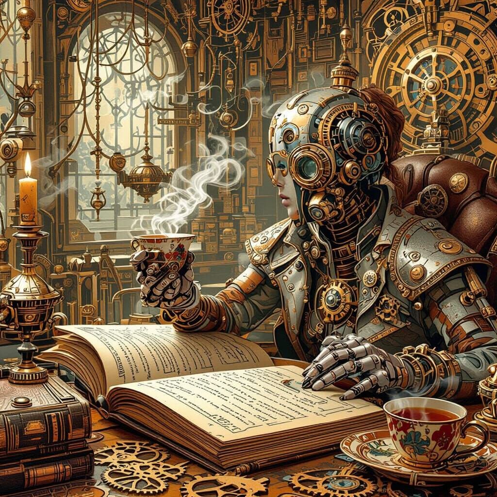 Steampunk Woman Sipping Tea in Foggy Parlor
