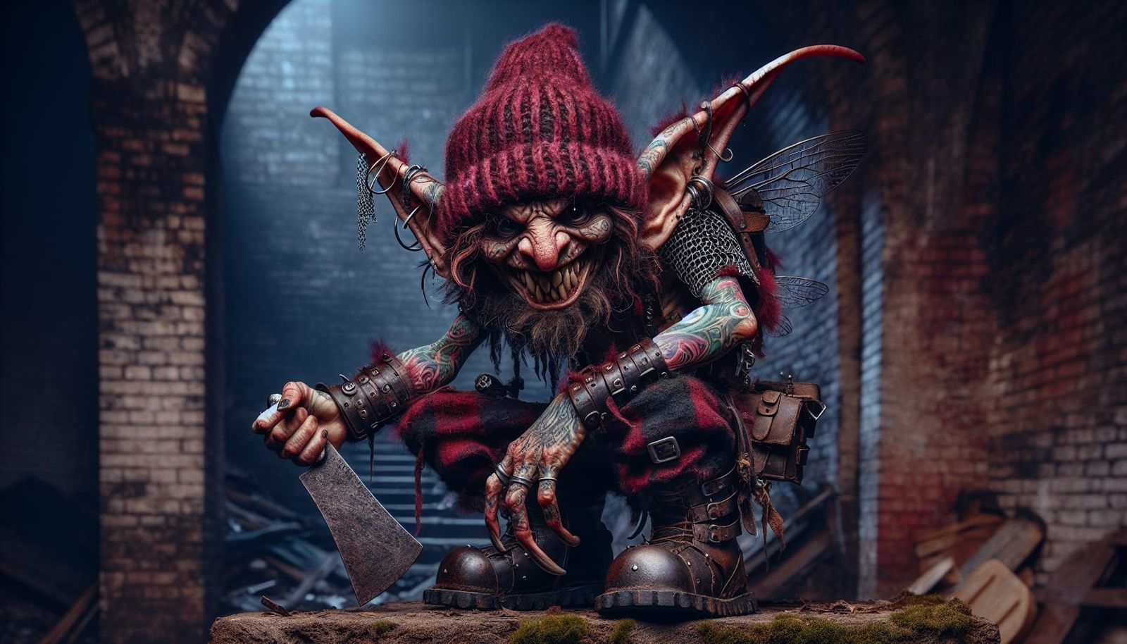 Dark Fairy Punk in Ruined Castle - Cyberpunk Oil Painting