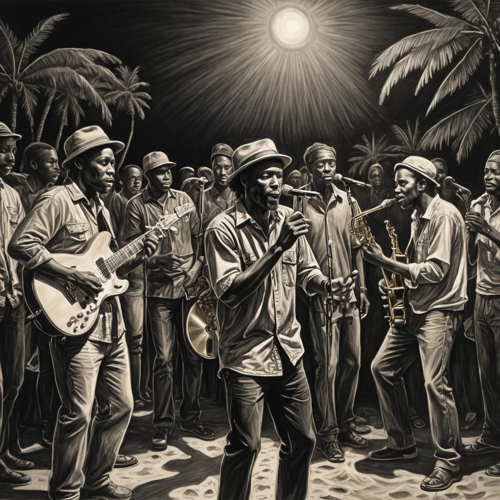 Moonlit Reggae Band: Expressive Charcoal Beach Scene