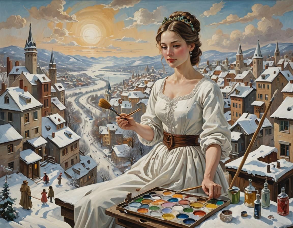 Surrealist Oil Painting with Woman and Fantasy Landscapes