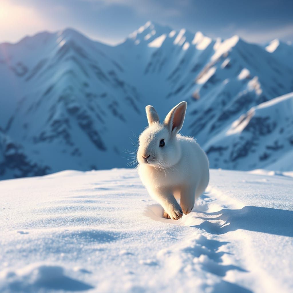 Majestic Fluffy Rabbit Embarks on Snowy Mountain Quest