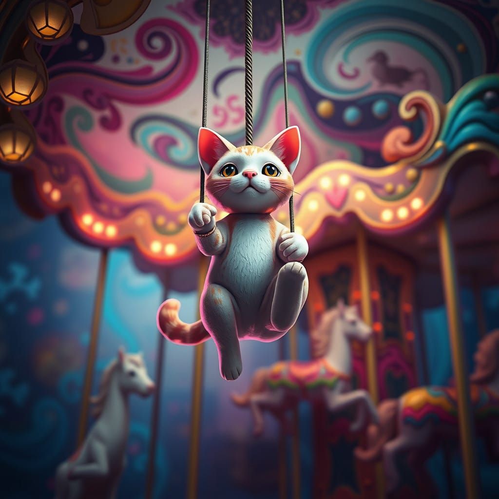 Whimsical Rosy Cat Marionette in a Fantastical Carousel