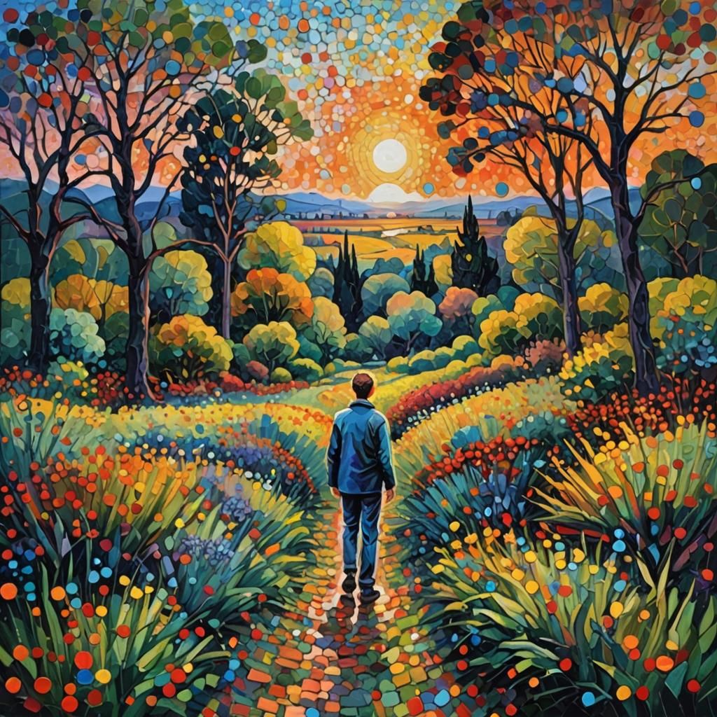 Colorful Sunset Garden Portrait as Impasto Painting