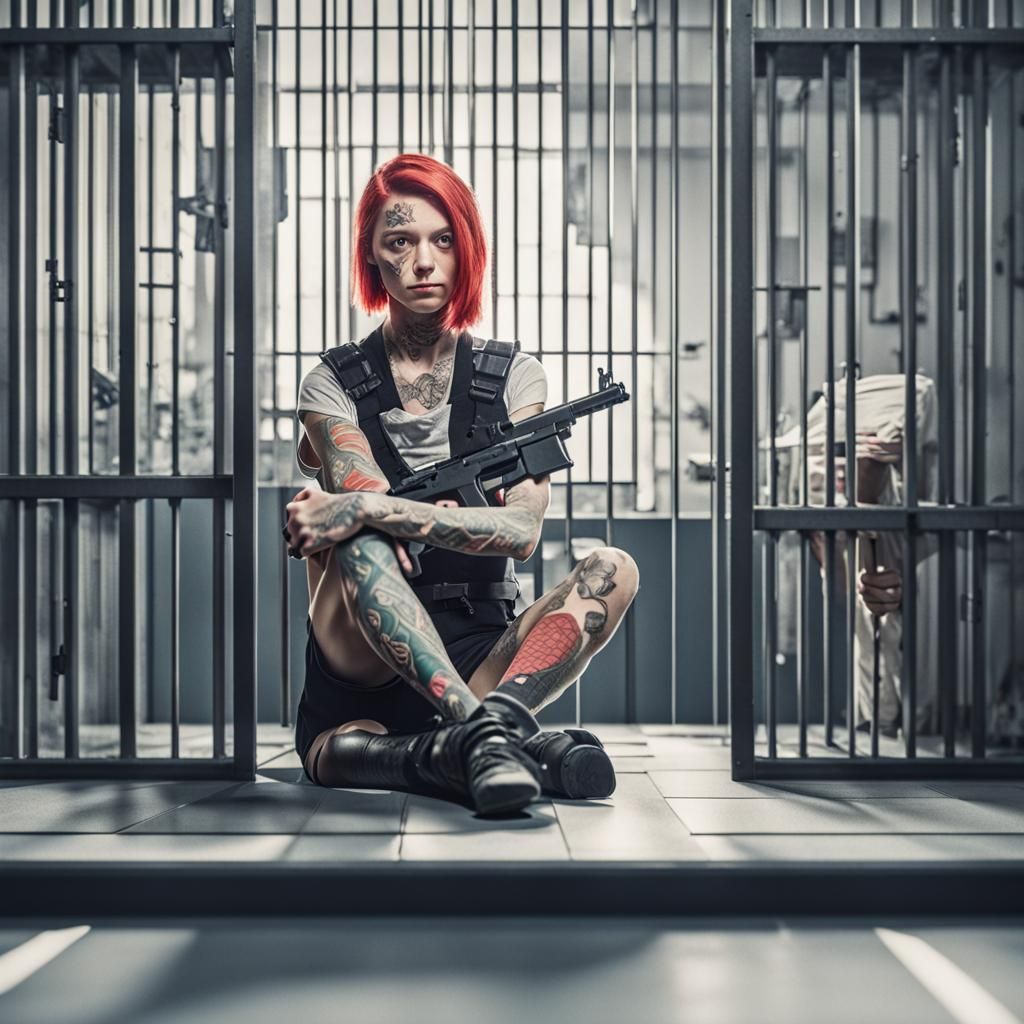 Girl with Tattoos and Gun in Origami Jail