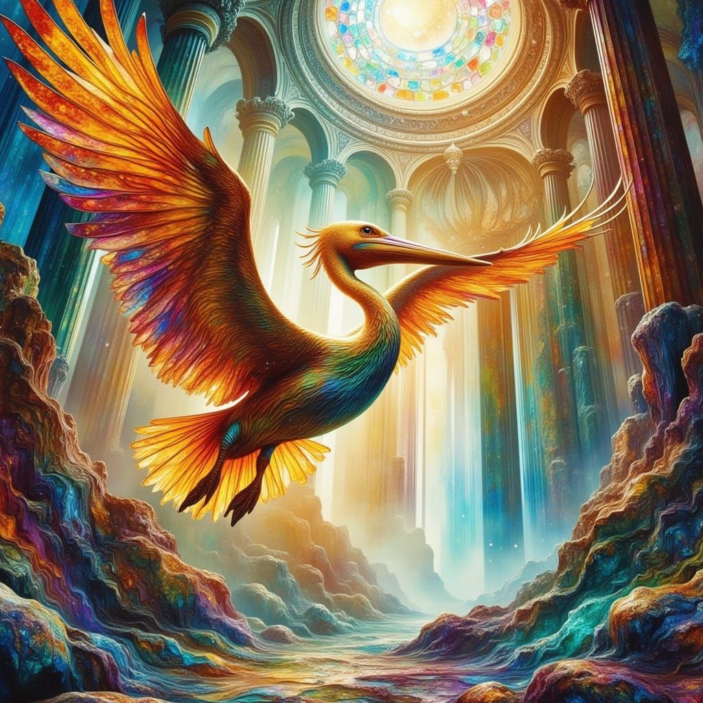 Golden Pelican in Crumbling Castle: Fluid Alcohol Ink Art