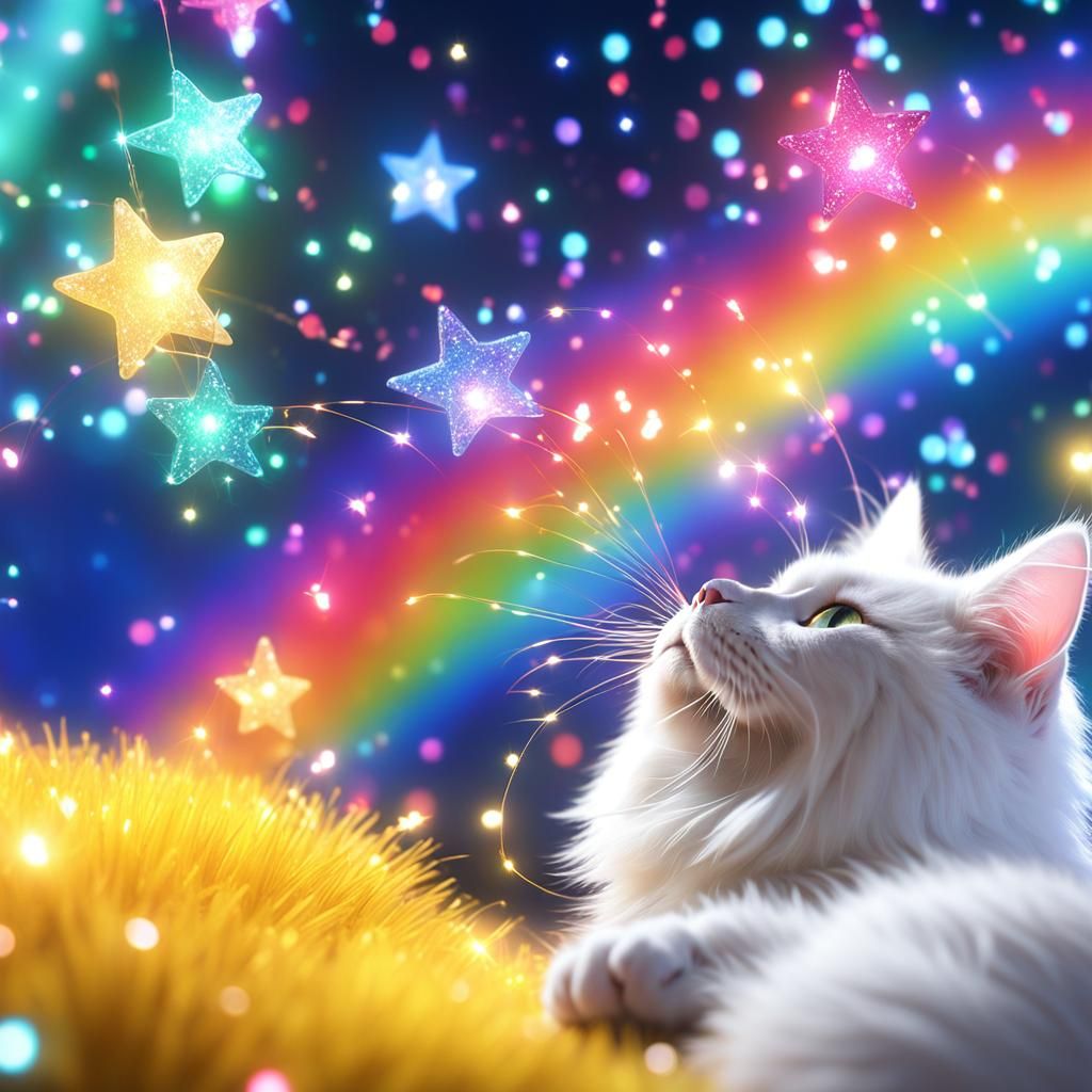 Sparkle fairy dust fairy lights fuzzy stipple texture cat glitter high quality CGI VFX, tonal contrast, glowing transluc...