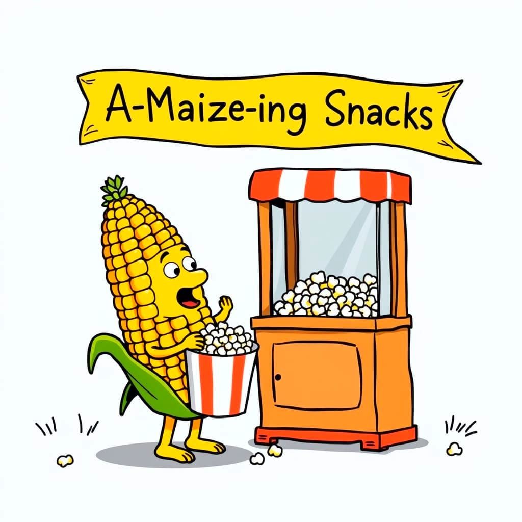 Comical Corn Eats Popcorn at Snack Stand