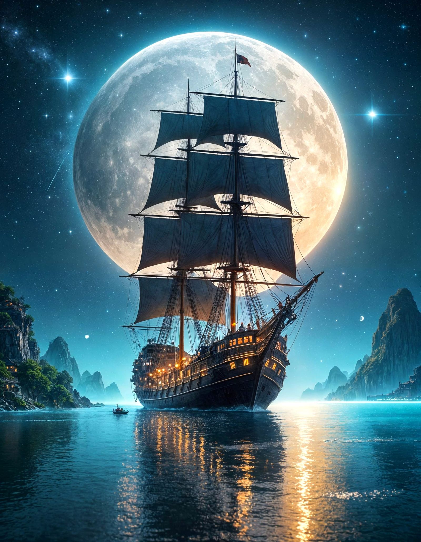 Impressionist Chinese Junk Ship Under a Sparkling Full Moon