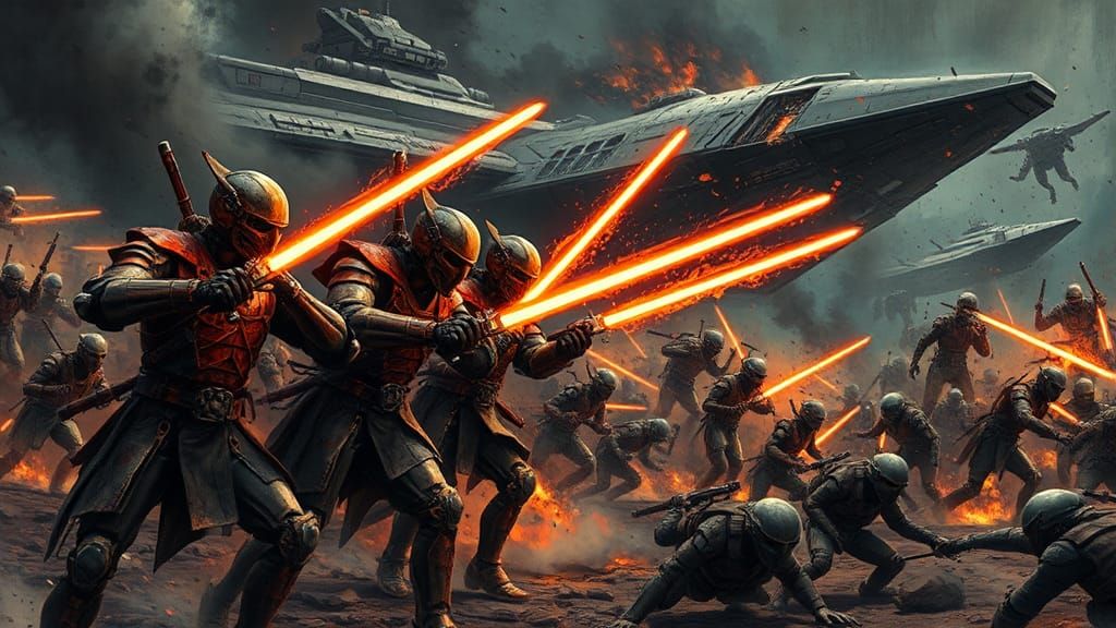 Robot Samurai Monks in Neon-Lit Battlefield