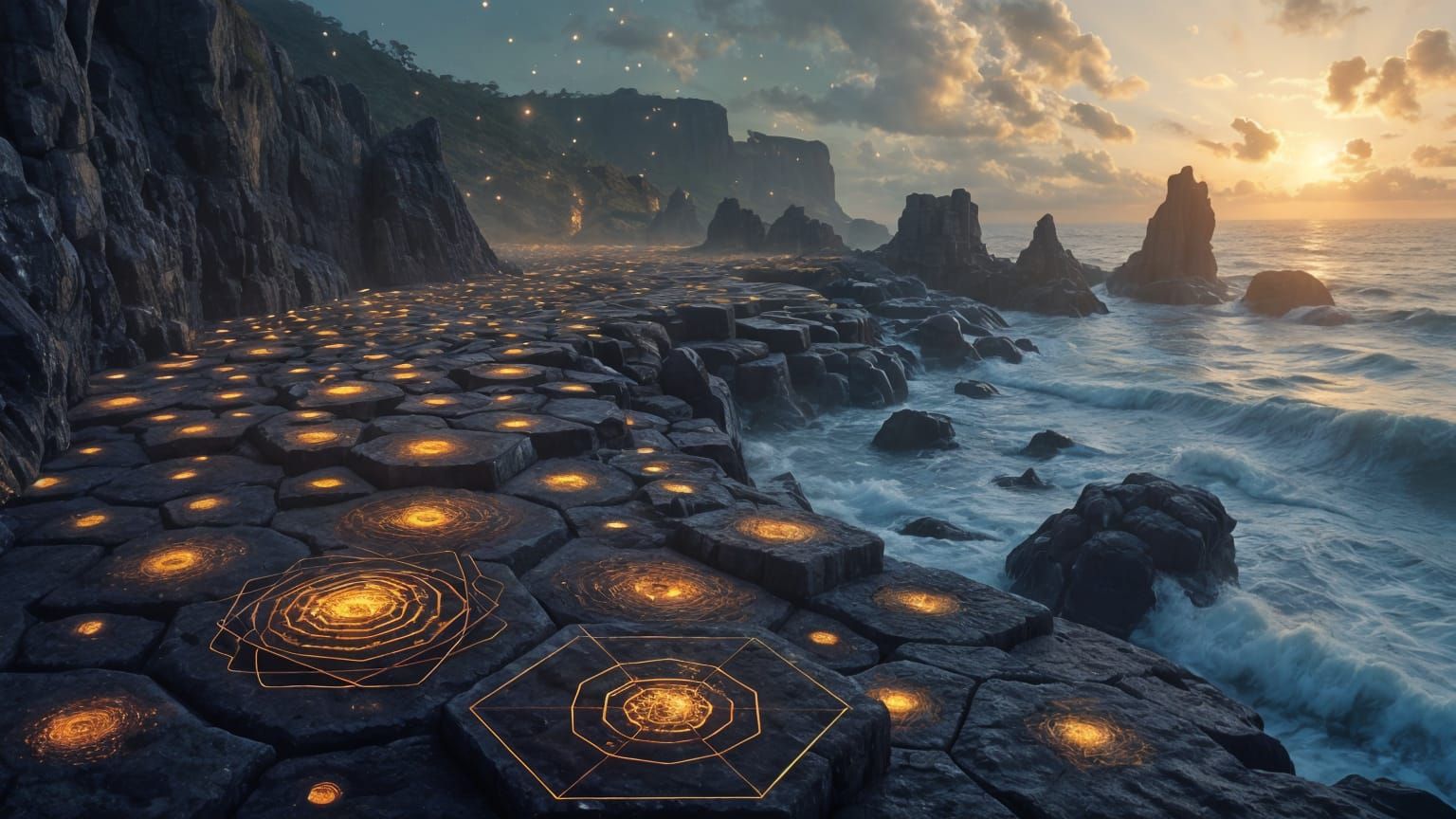 Surreal Giant's Causeway with Glowing Hexagons and Celestial...