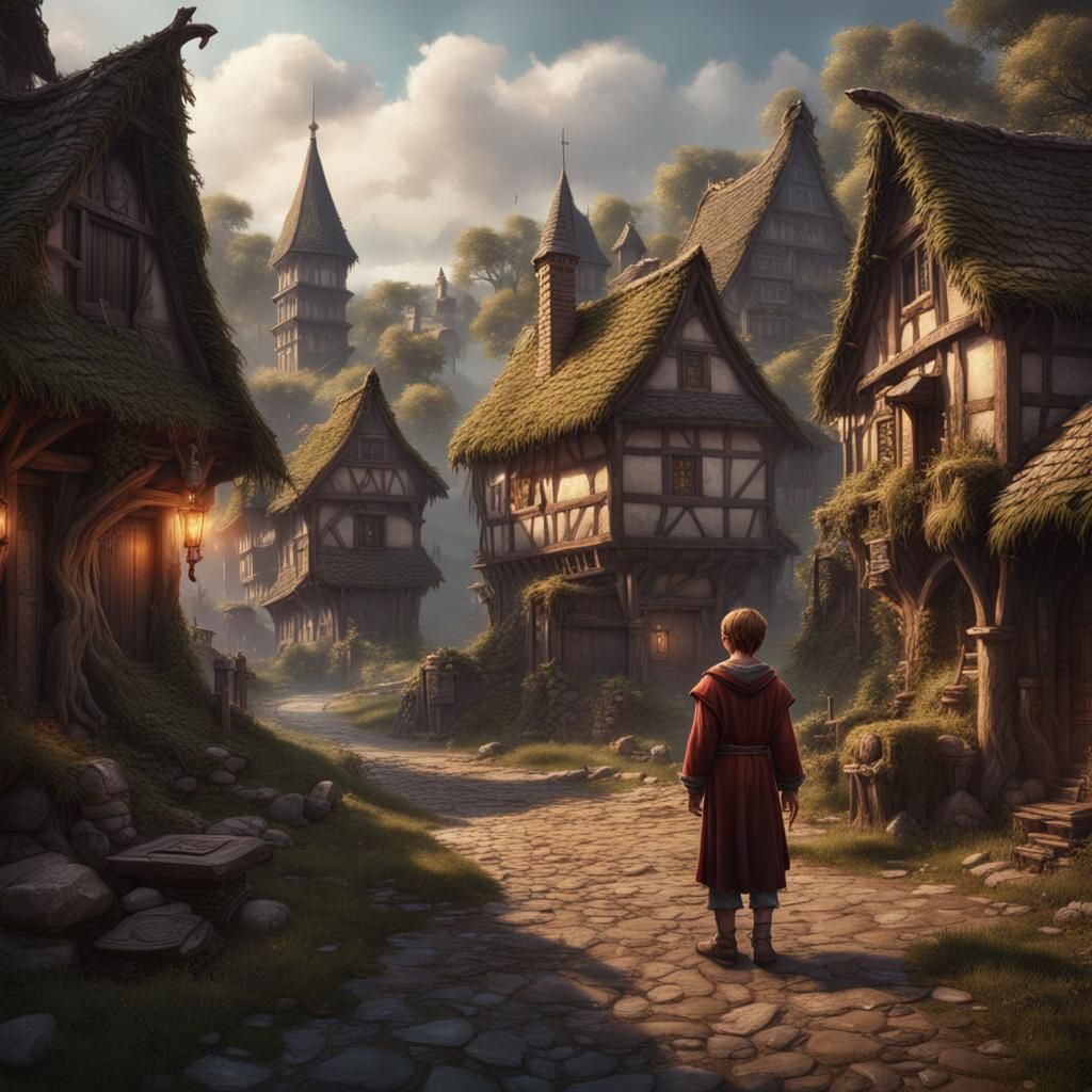 Fantasy Art: Boy in Medieval Village Street