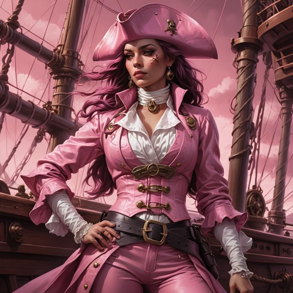 Pink Pirate Woman on Ship in Stylized Digital Art