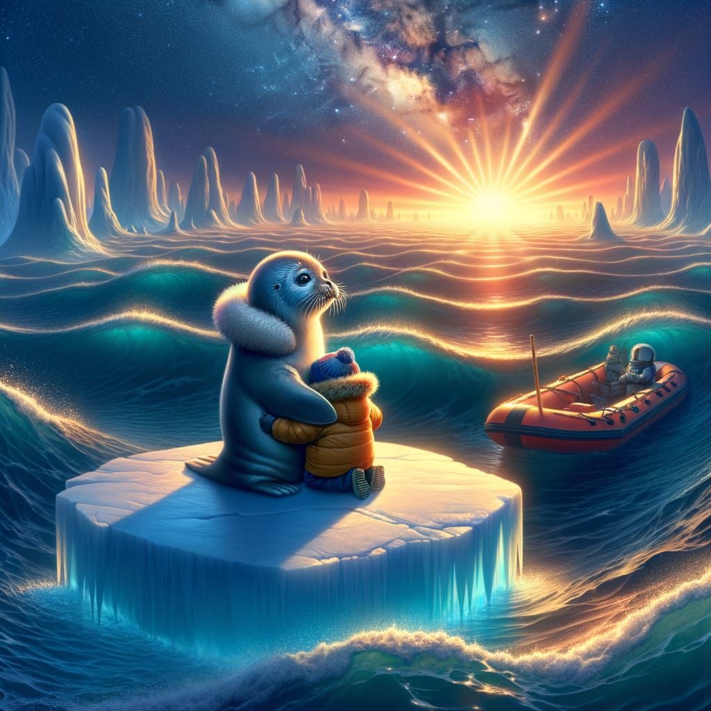 Dramatic a baby seal on an ice floe  looks anxious and an Es...