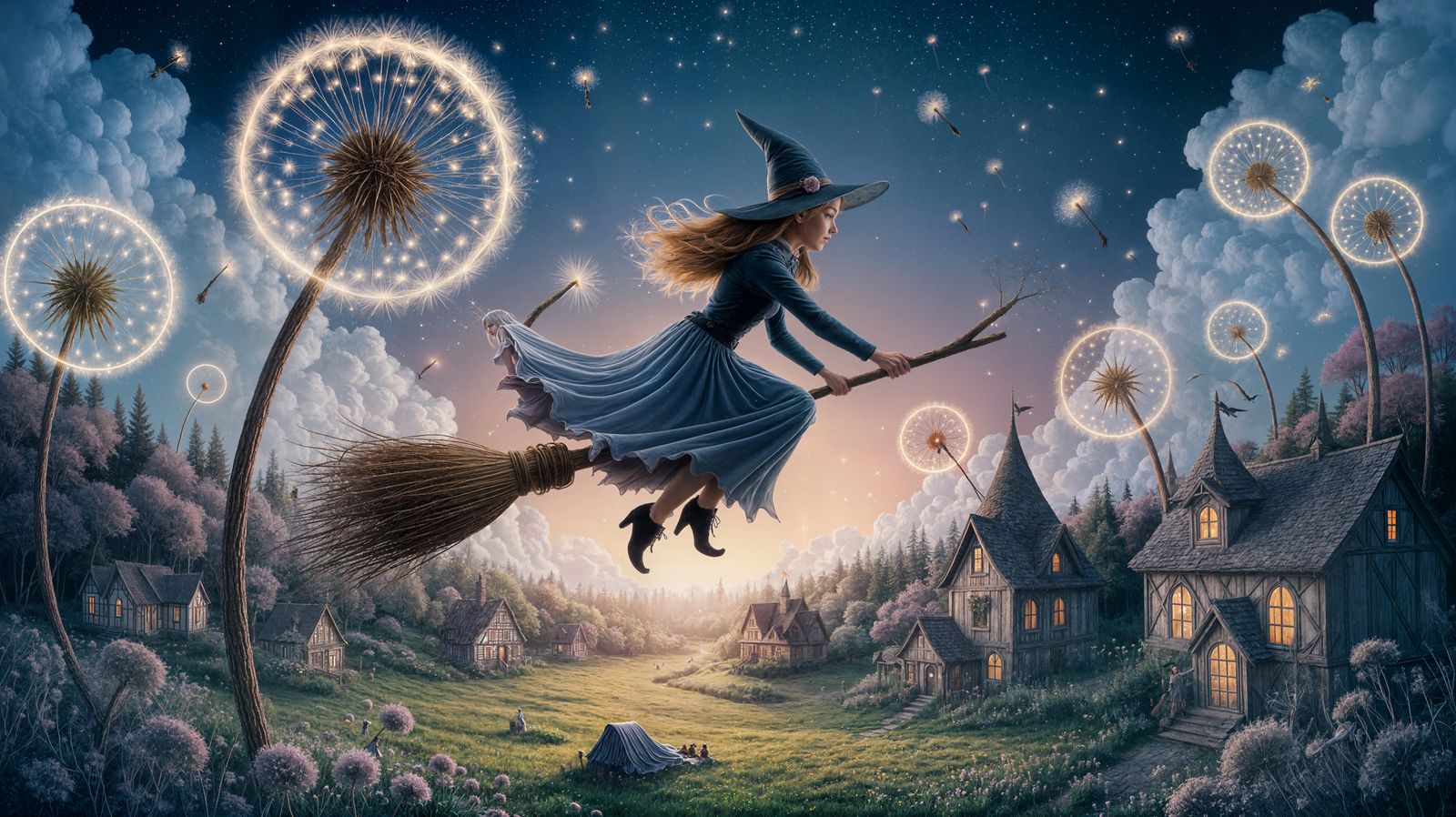 Whimsical Witch Flies Through Enchanted Dandelion Sky