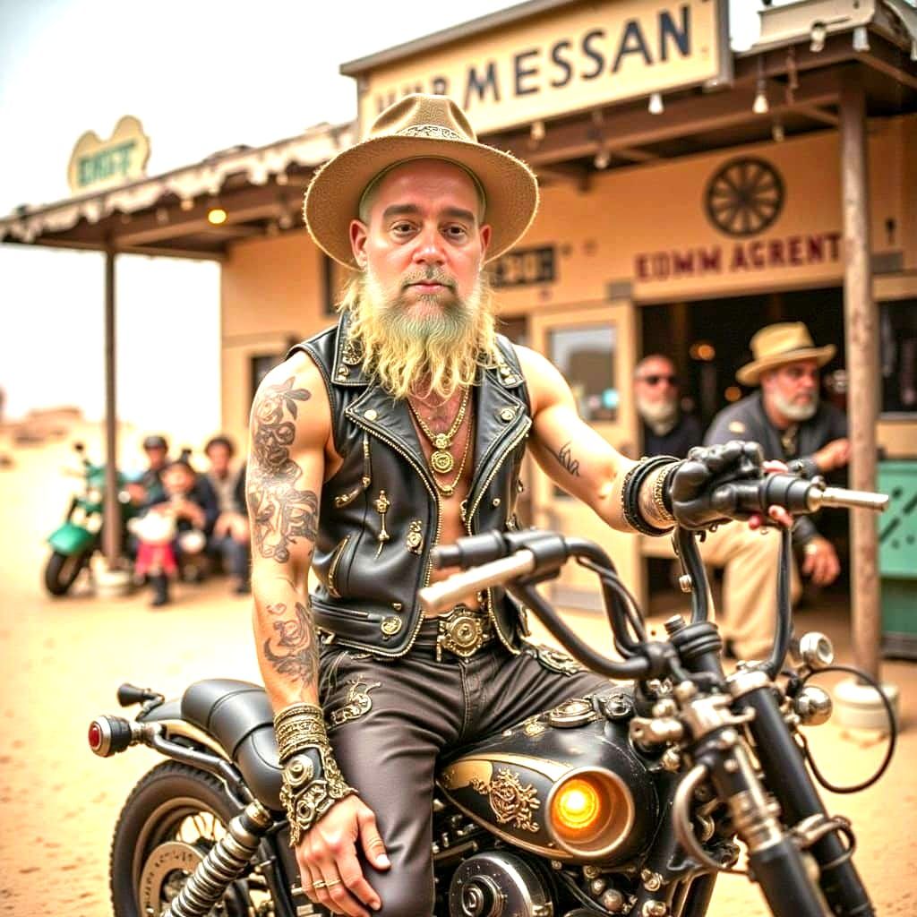 Cyberpunk Biker Sits Outside Desert Wasteland Bar