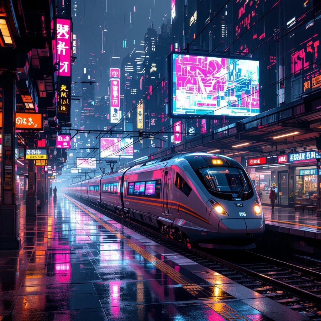 Cyberpunk Train Station with Neon Cityscape and Futuristic T...