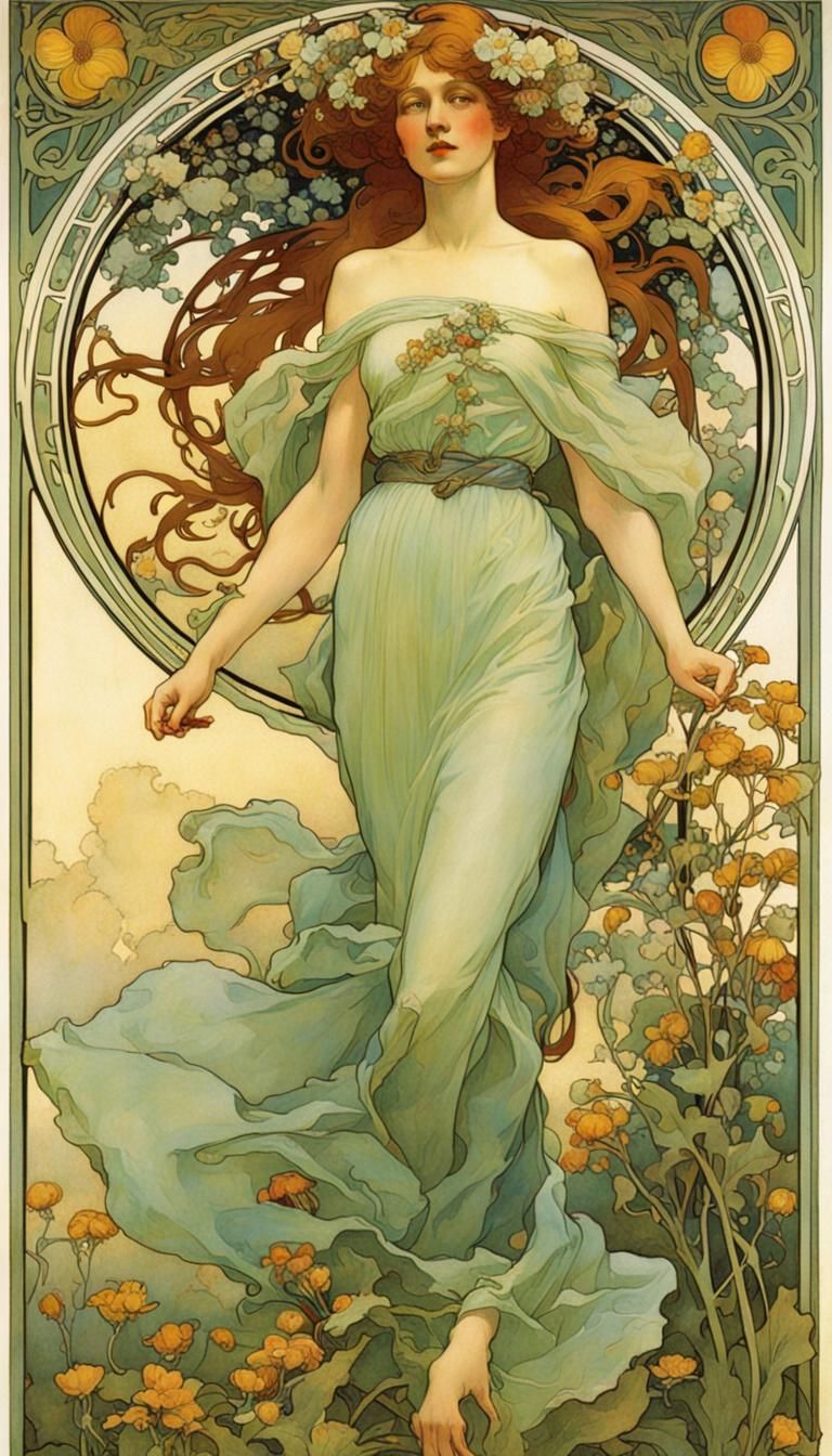 Art Nouveau Woman with Flowers and Seasons